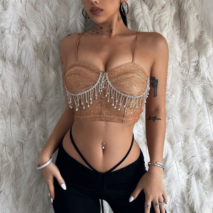 Ladies Glittering Bustier with Sparkling Rhinestone Details and Spaghetti Straps