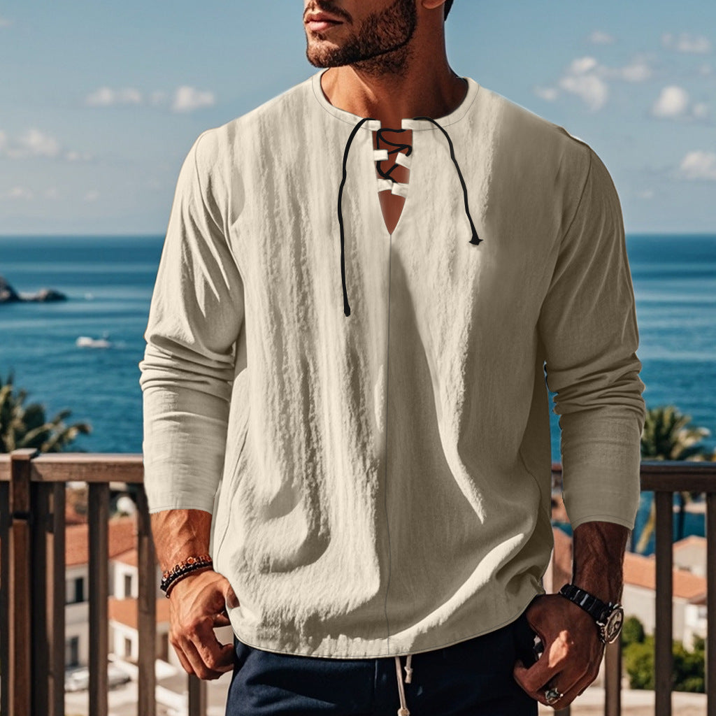Men's casual long-sleeve shirt with neckline and lacing Lisslune