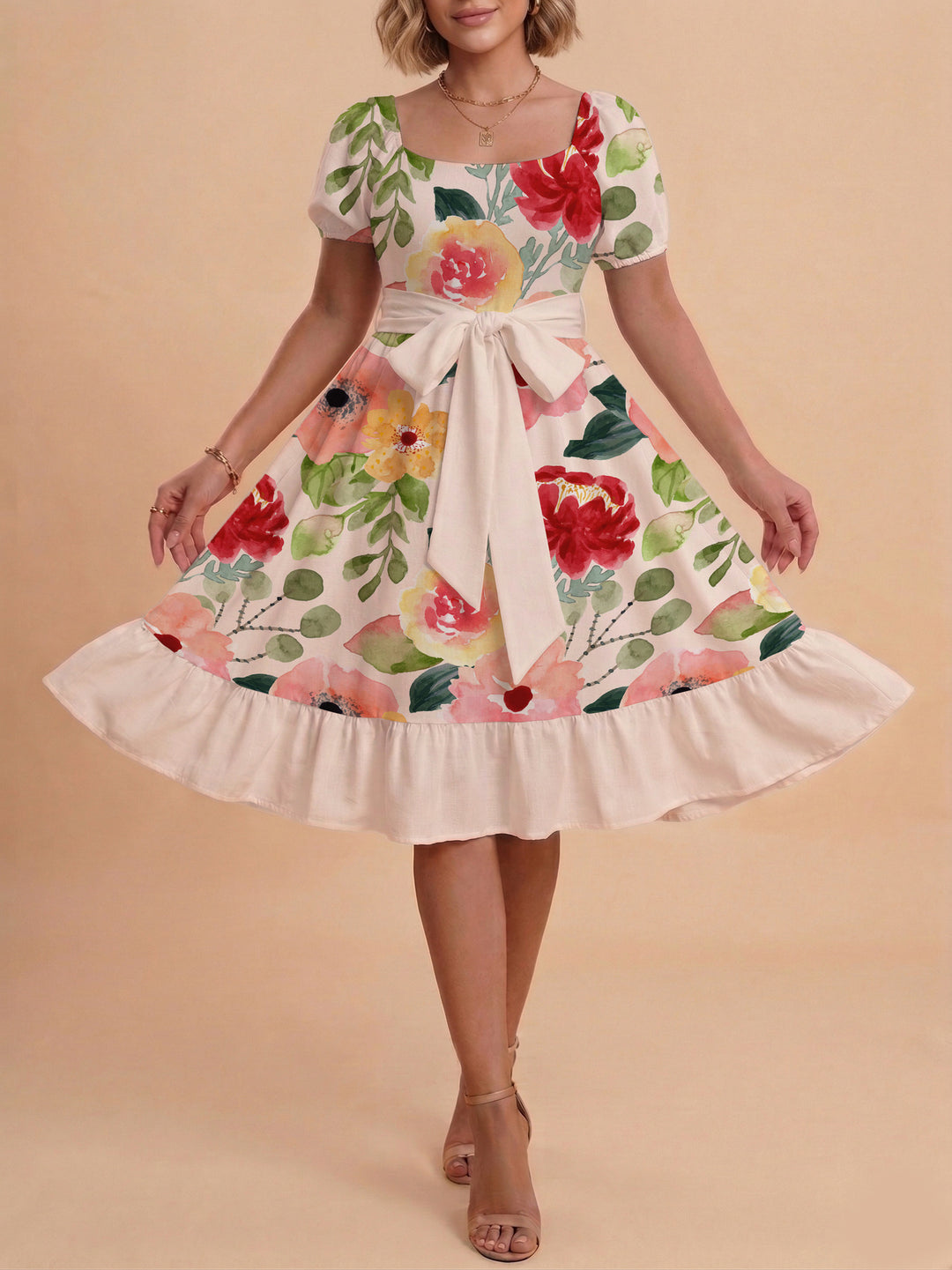 Women A-line dress with floral motifs and adjustable belt Lisslune