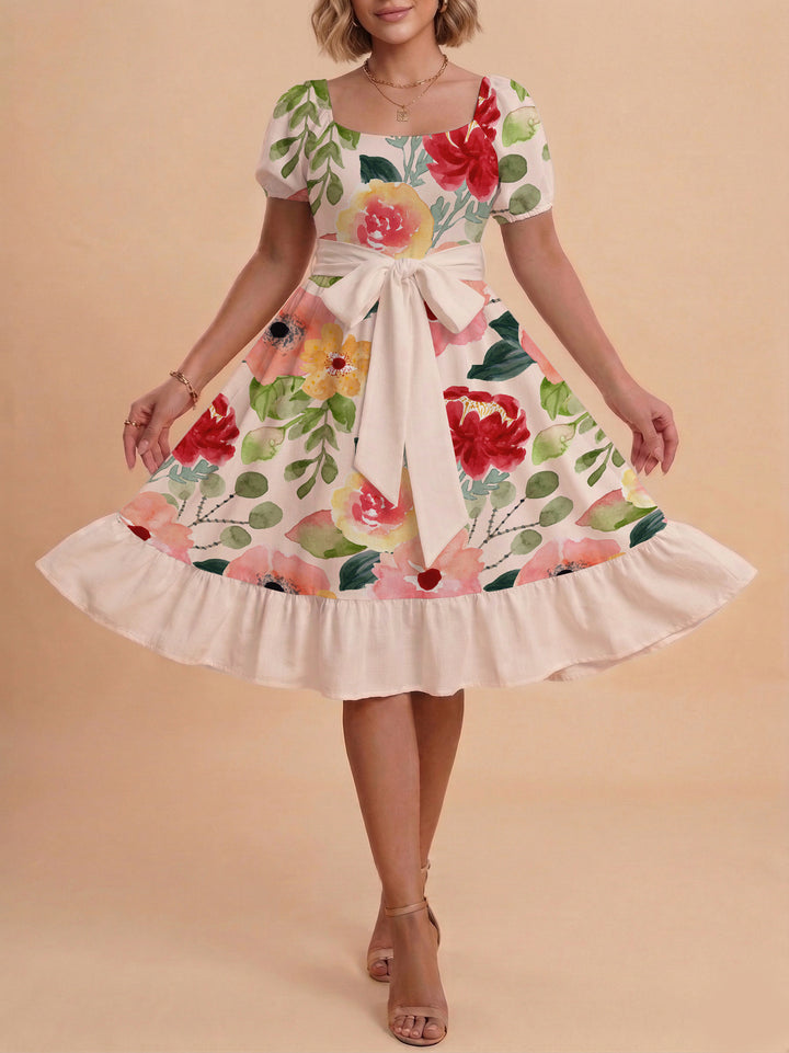 Women A-line dress with floral motifs and adjustable belt Lisslune