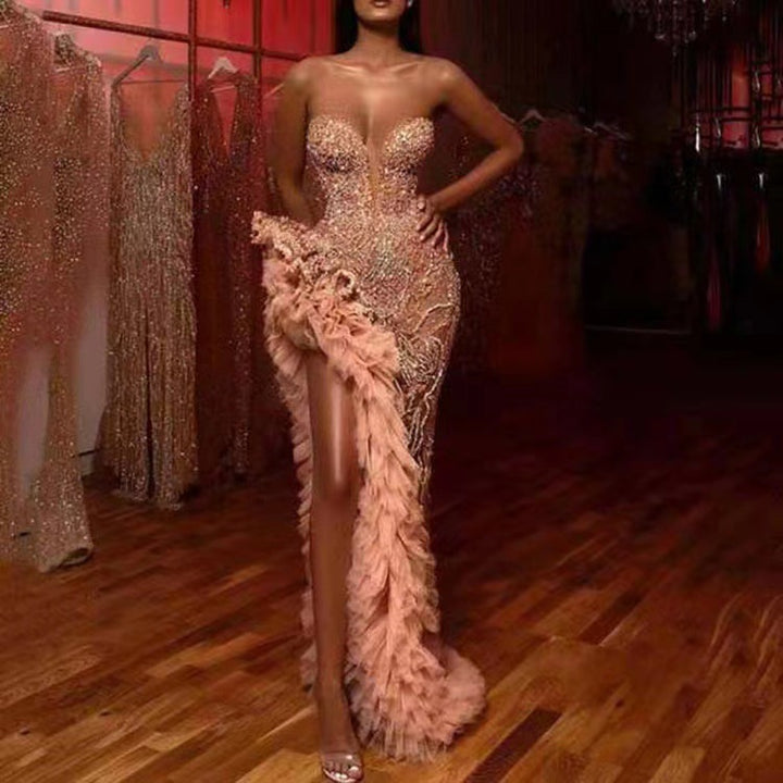 Women Figure-hugging Evening Dress with Shimmering Pearls and Ruffle Details