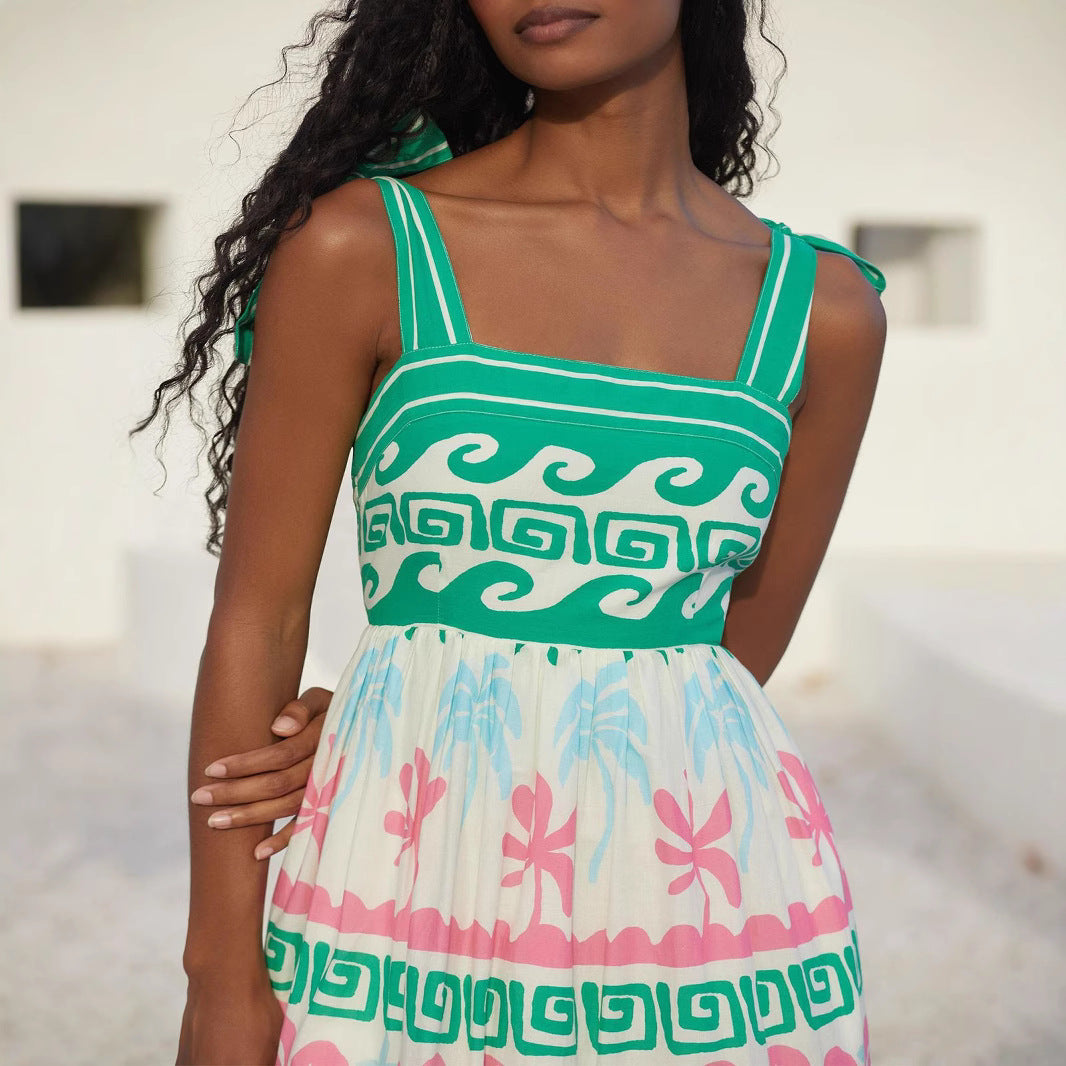 Women's summer maxi dress with a unique graphic pattern and practical pockets