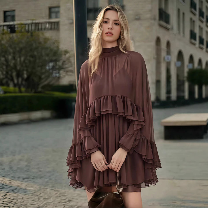 Damen Elegantes Rüschendress mit hochgeschlossenem Ausschnitt und fließendem Schnitt Lisslune
