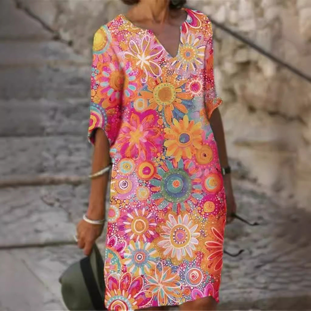 Women's casual leisure dress with floral patterns and V-neck