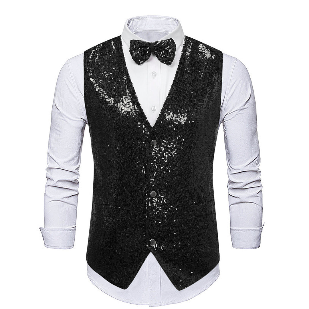 Men's Glamorous Sequin Vest with Stylish Bow Tie Lisslune