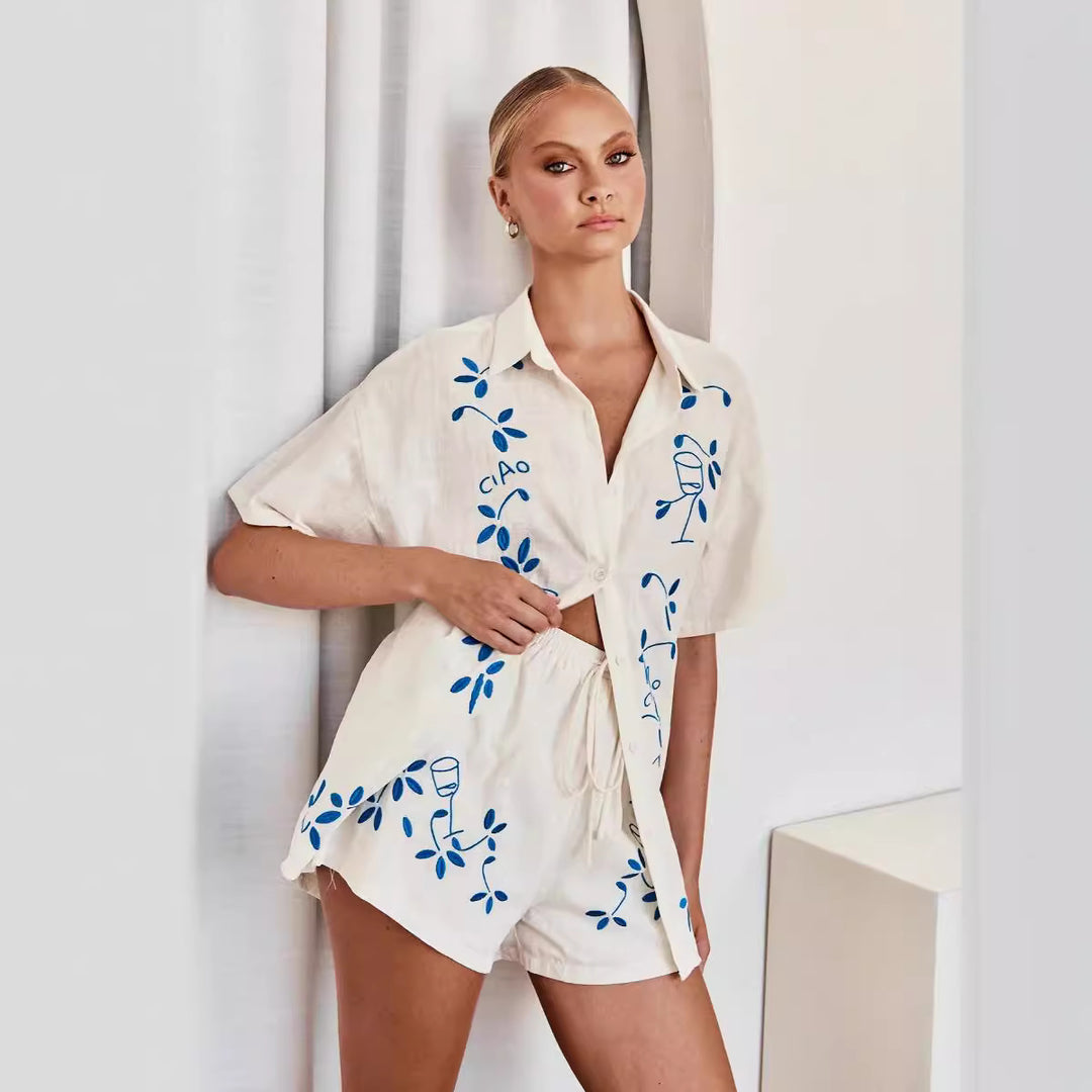 Women's Airy Short Sleeve Shirt and Shorts Set with Floral Embroidery Design Lune London