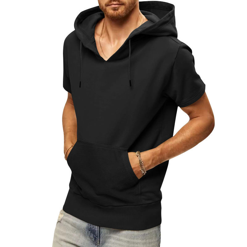 Men's Short Sleeve Hoodie with Practical Kangaroo Pocket Lisslune