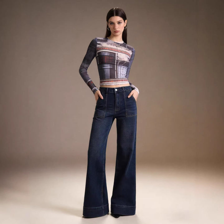Women High-Waist Wide-Leg Pants with Trendy Patch Lisslune