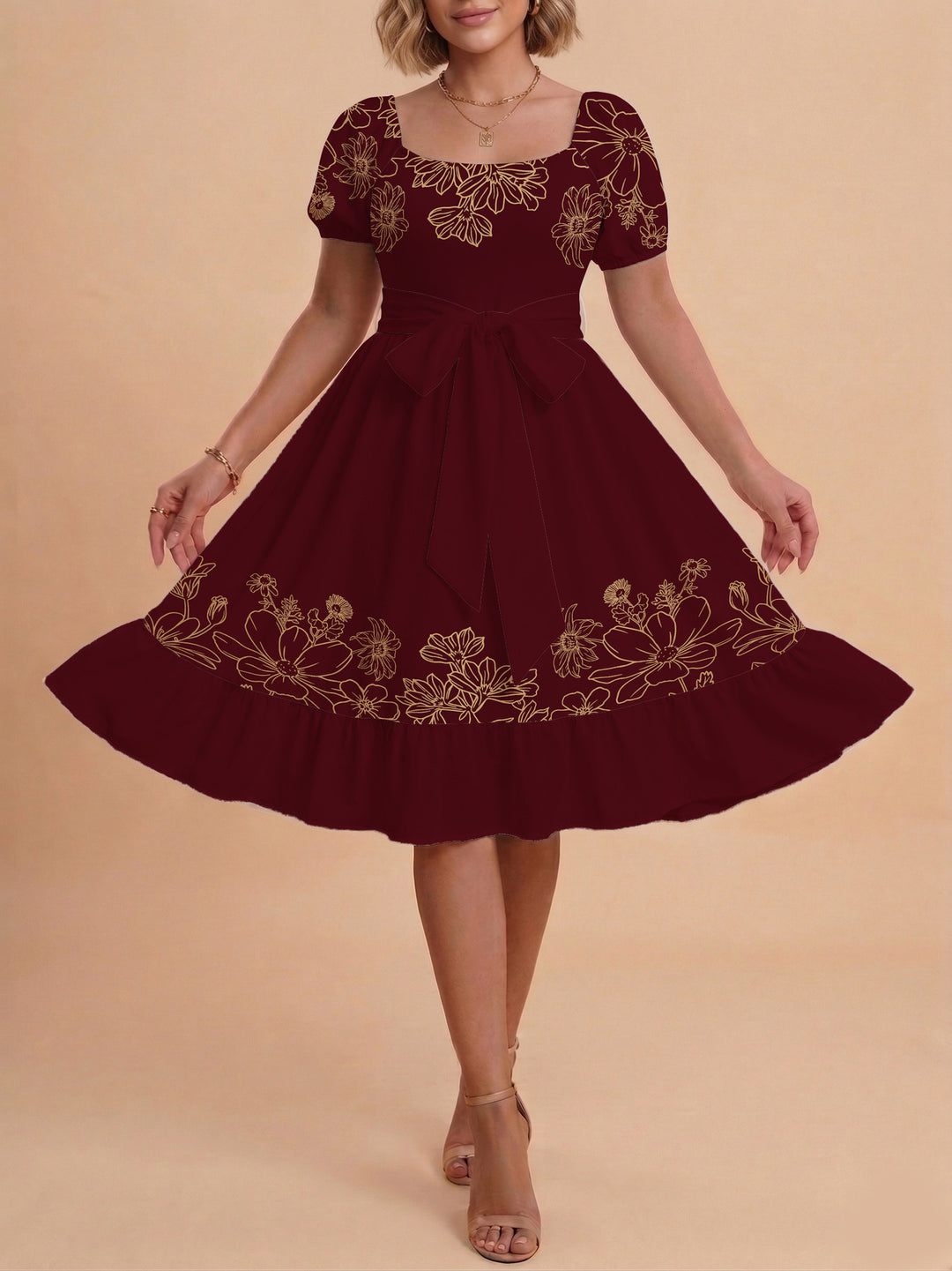 Women A-line dress with floral motifs and adjustable belt Lisslune