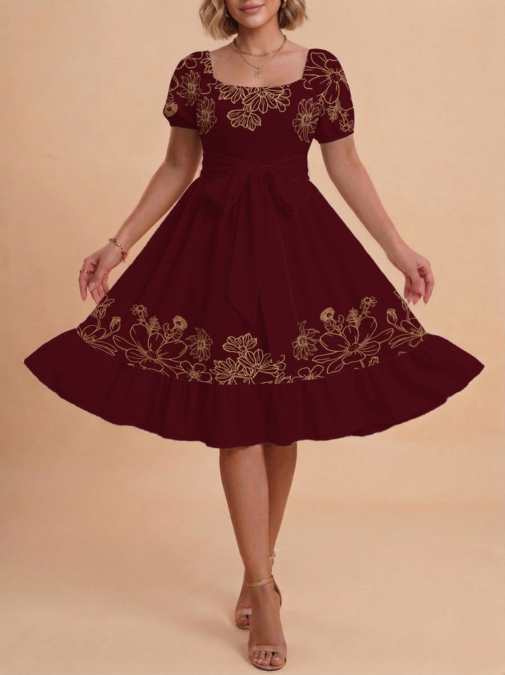 Women A-line dress with floral motifs and adjustable belt Lisslune