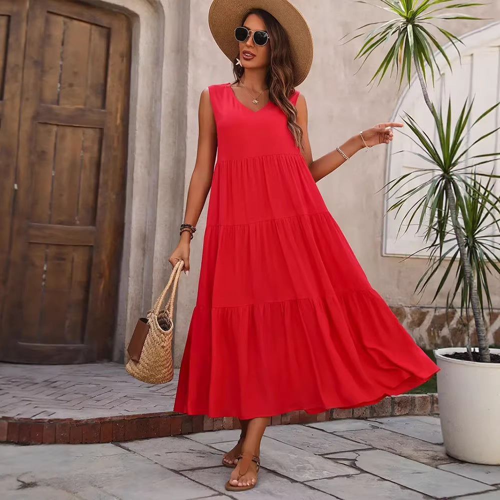 Damen Elegantes Sommer-Maxi-Kleid mit voluminösem Rock und V-Ausschnitt Lisslune