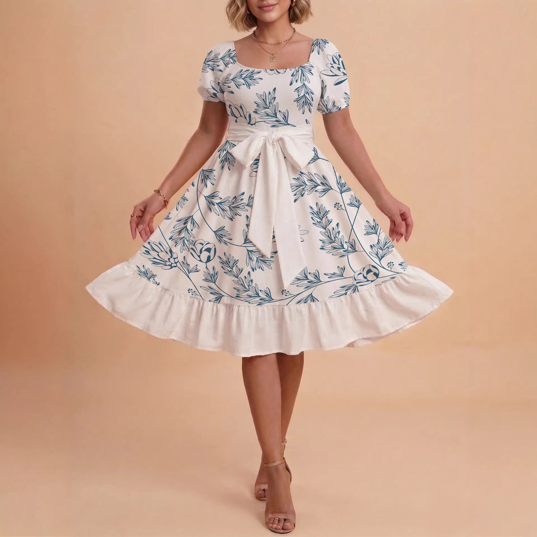 Women's Midi Dress with Elegant Floral Print and Fitted Belt Lisslune