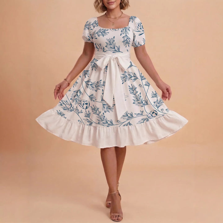 Women's Midi Dress with Elegant Floral Print and Fitted Belt Lisslune