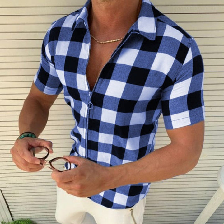 Men's short-sleeve shirt with modern check pattern and casual zipper Lisslune