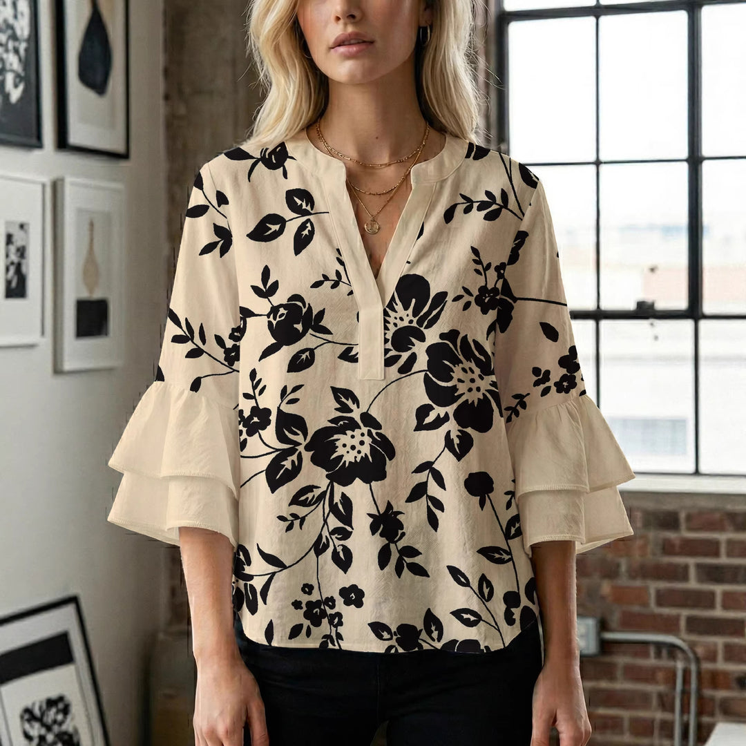 Women's casual blouse with ruffled sleeves and botanical print Lisslune