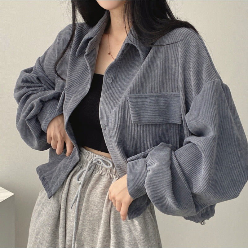 Ladies men's jacket in soft cord design with practical pockets and trendy puff sleeves