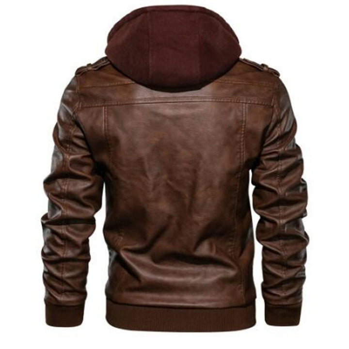 Men's leather jacket in modern biker style with removable hood Lisslune