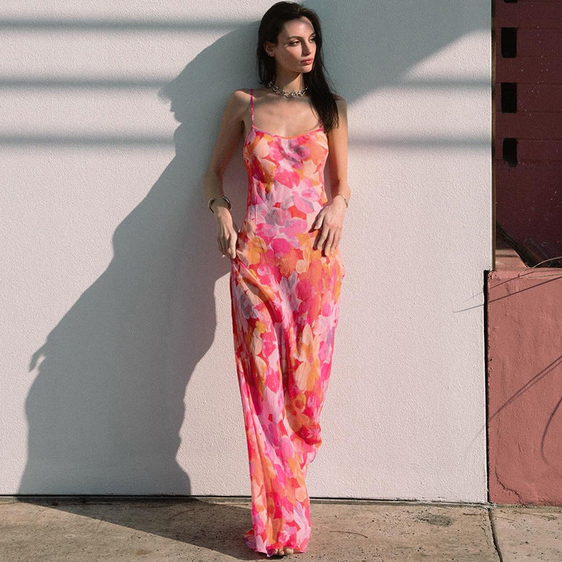 Women's maxi dress with floral pattern and narrow spaghetti straps