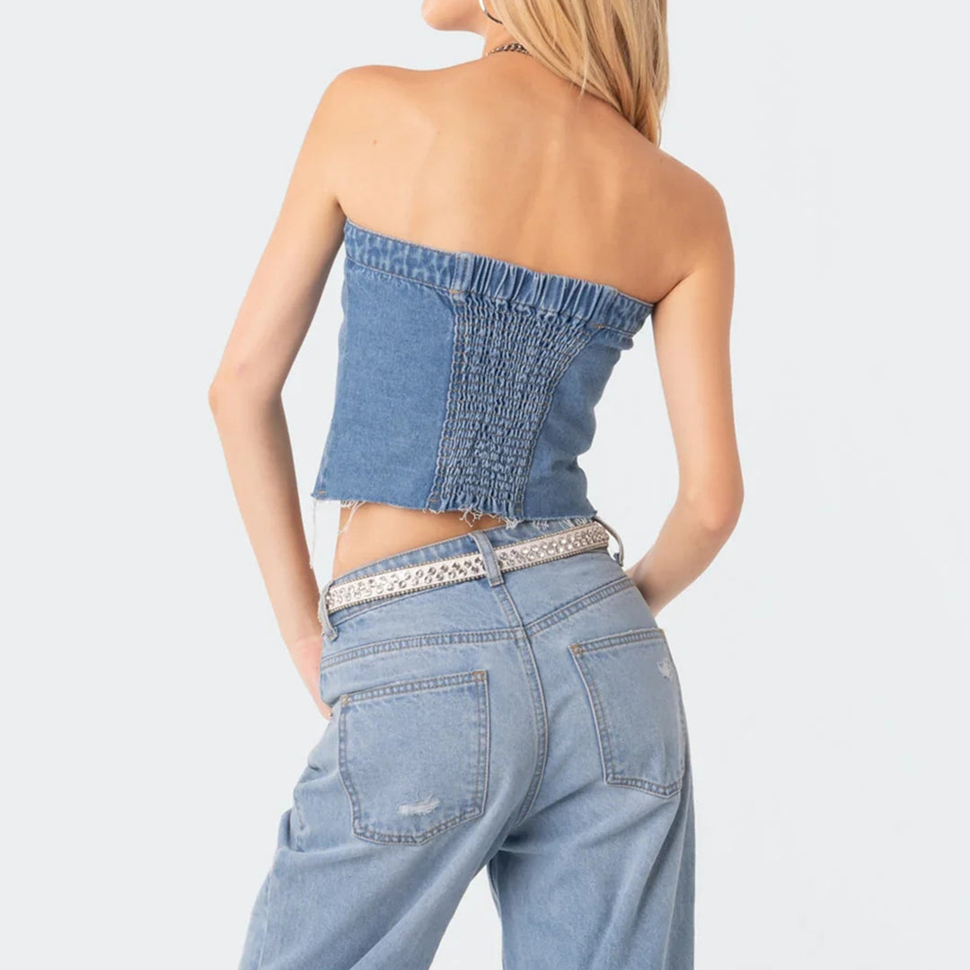 Women's Denim Crop Top with Knitted Overlay Lisslune