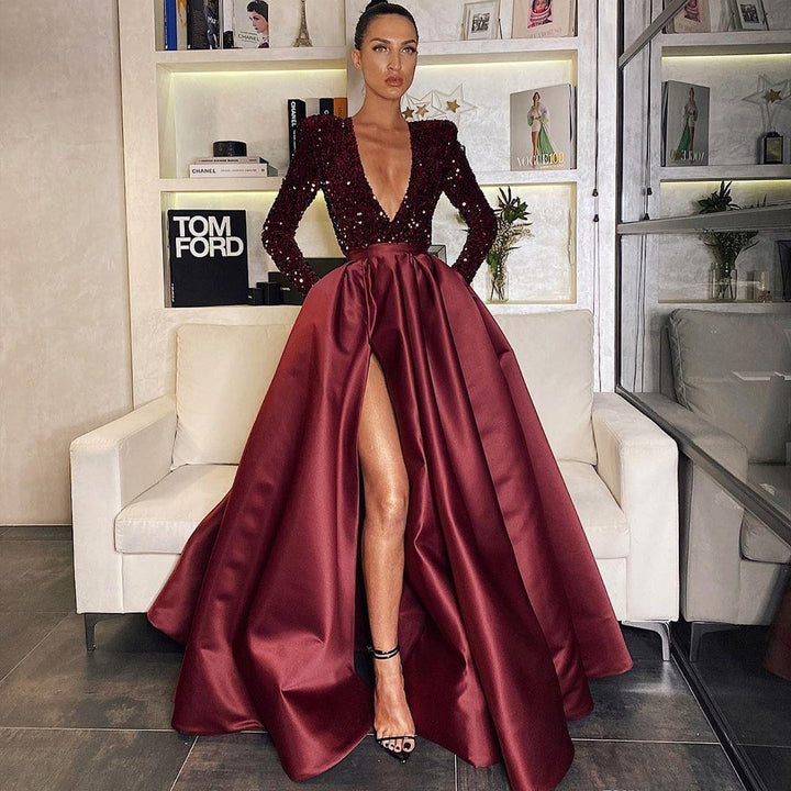 Women's Glamorous Evening Dress with Deep V-Neck and High-Cut Skirt Lisslune