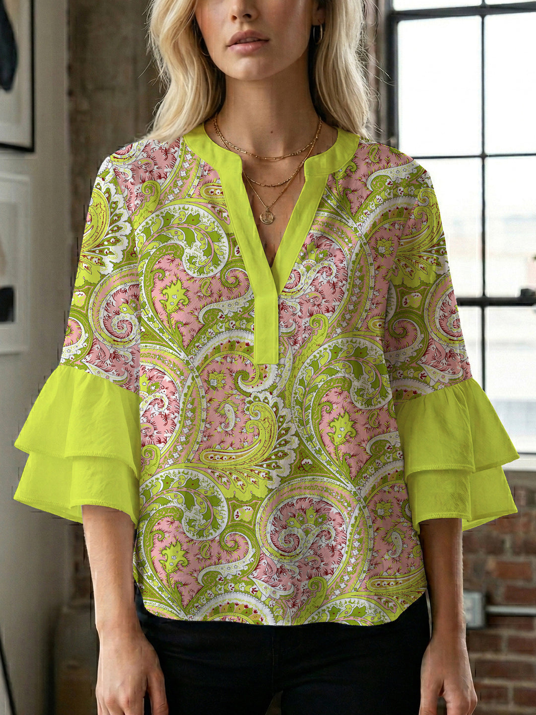 Women's blouse with voluminous ruffle sleeves and creative floral design Lisslune