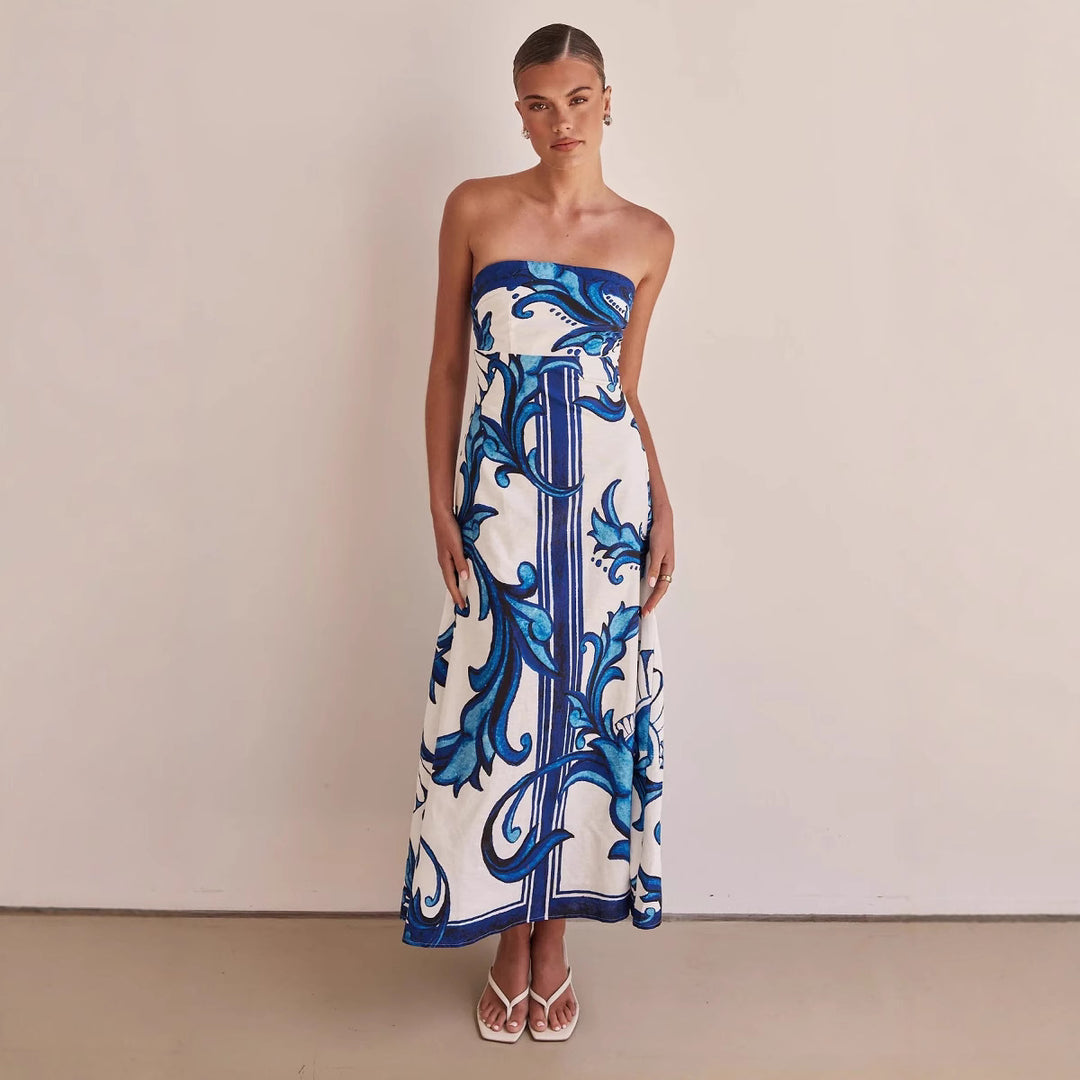 Women’s Strapless Maxi Dress with Floral Design and Elegant A-Line Cut