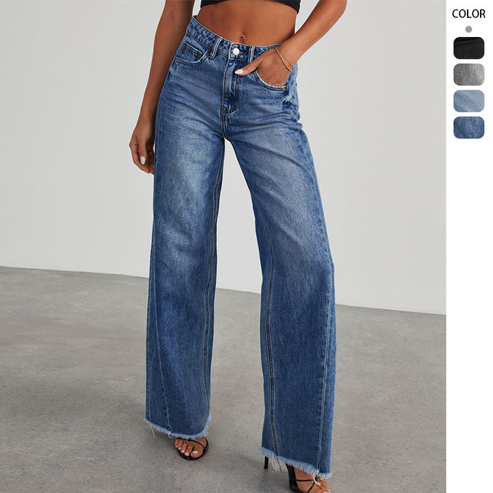 Ladies High-Waisted Mom Jeans in Classic Cut with Frayed Hem Lisslune