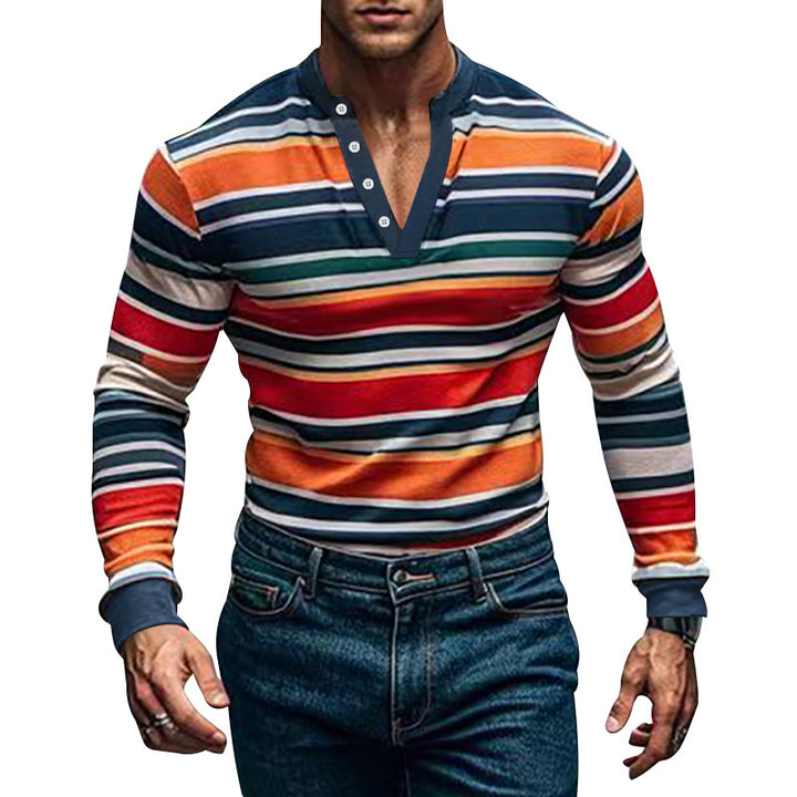 Men's Long Sleeve Shirt with Textured Striped Pattern and Sporty Collar Lisslune