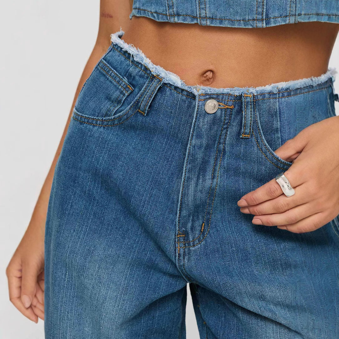 Damen weite Denim-Jeans mit hohem Bund und fransigem Saum Lisslune