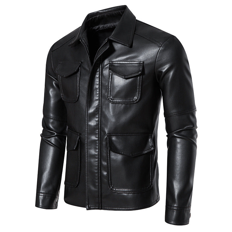Men's fashionable synthetic leather jacket with practical pockets and modern cut Lisslune
