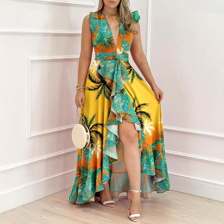 Women’s maxi dress with deep V-neck and asymmetrical skirt Lisslune