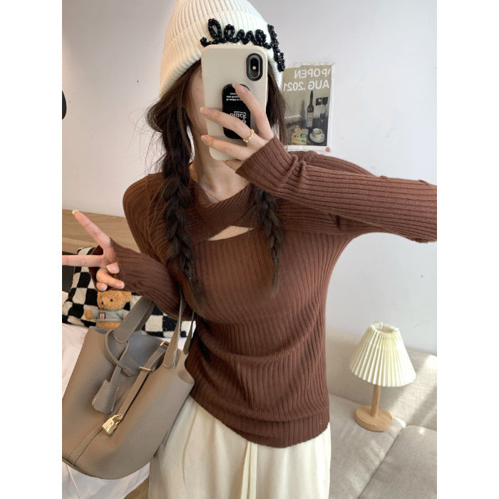 Women's long sleeve shirt with open shoulder area and rib knit pattern Lisslune