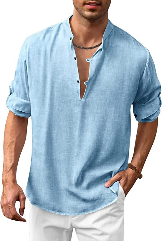 Men's long sleeve linen shirt with modern stand-up collar and casual fit Lisslune