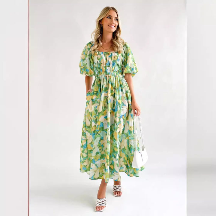 Women's Off-Shoulder Maxi Dress with Floral Patterns and Elastic Waist Lisslune