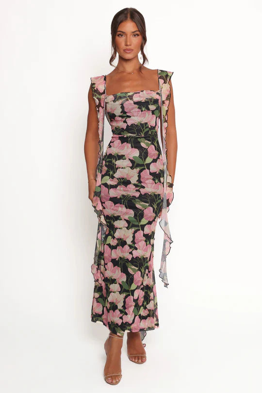 Ladies pencil dress with romantic floral design and ruffled sleeves Lune London