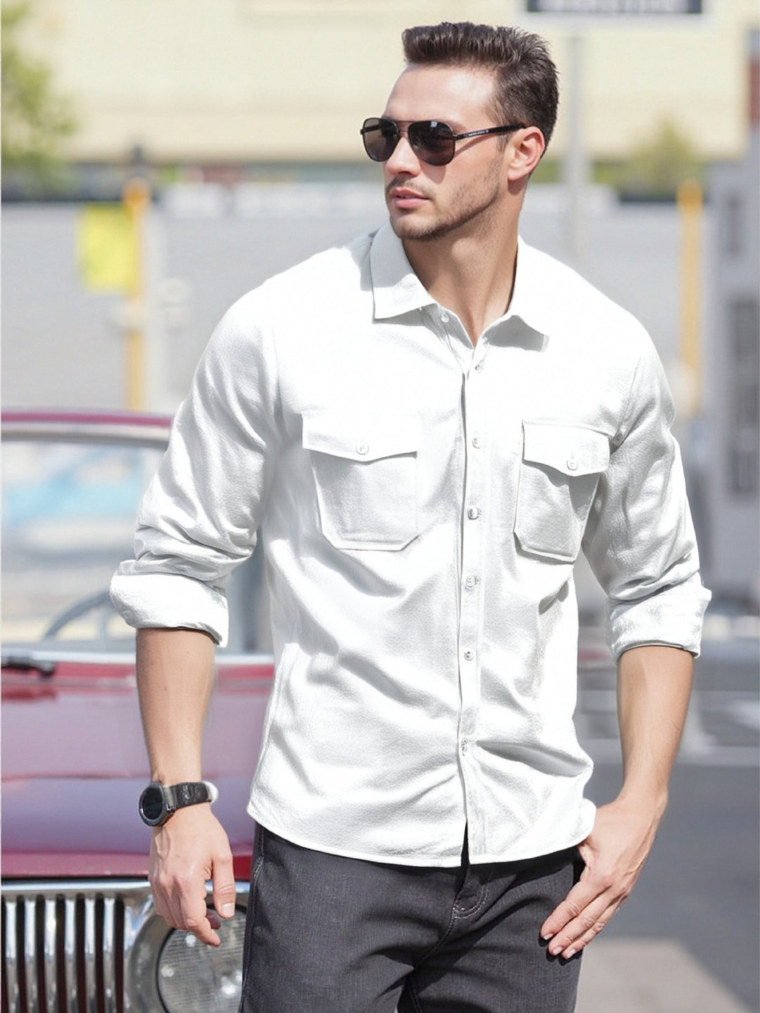 Men's Casual Long Sleeve Shirt with Practical Chest Pockets and Modern Cut Lisslune