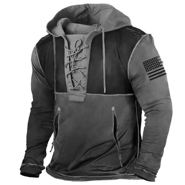 Men's hoodie with trendy lacing detail and American flag motif Lisslune