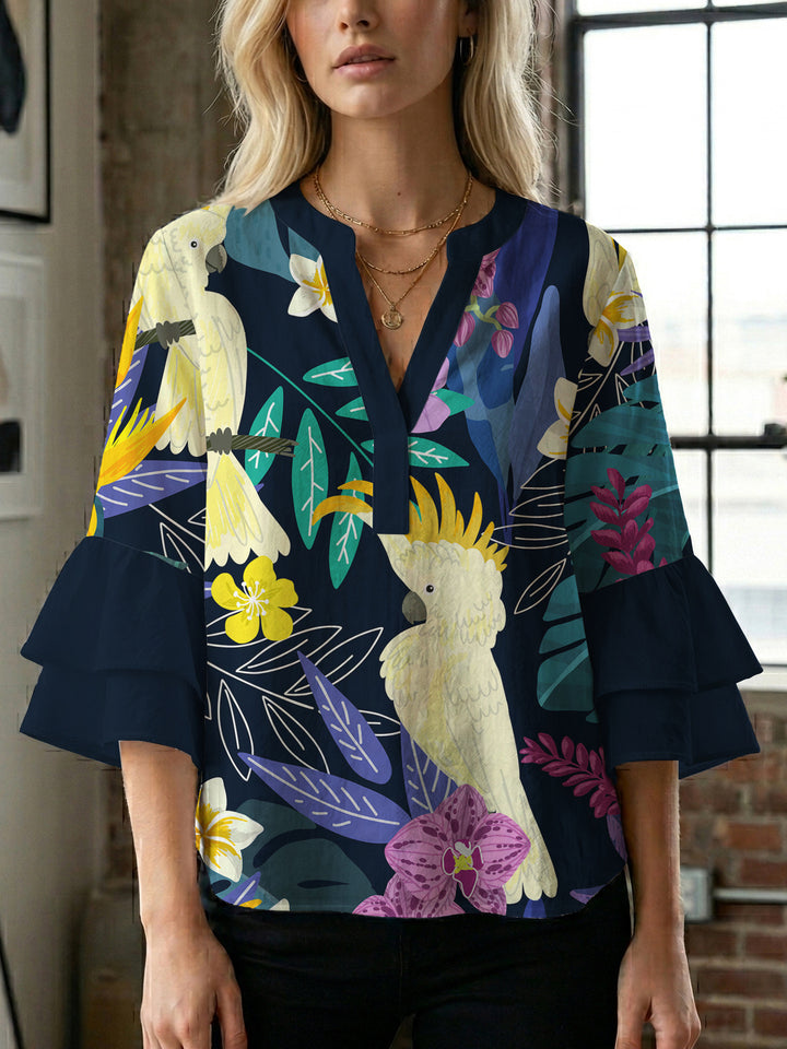 Ladies blouse with voluminous ruffled sleeves and floral print Lisslune