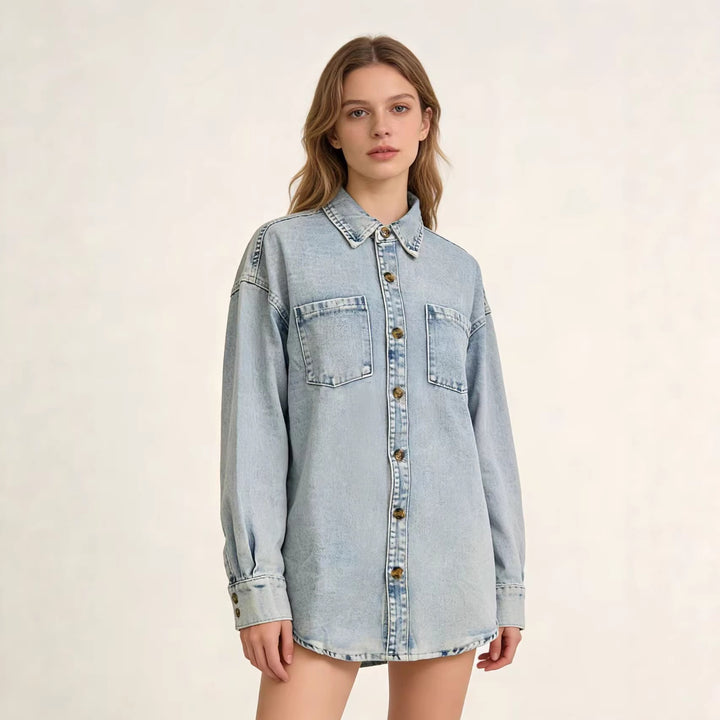 Women's Oversized Denim Shirt with Patch Pockets Lisslune