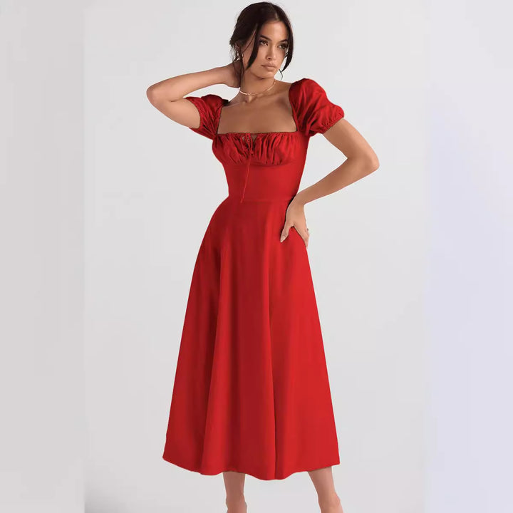 Women's midi dress with gathered bodice and flared skirt