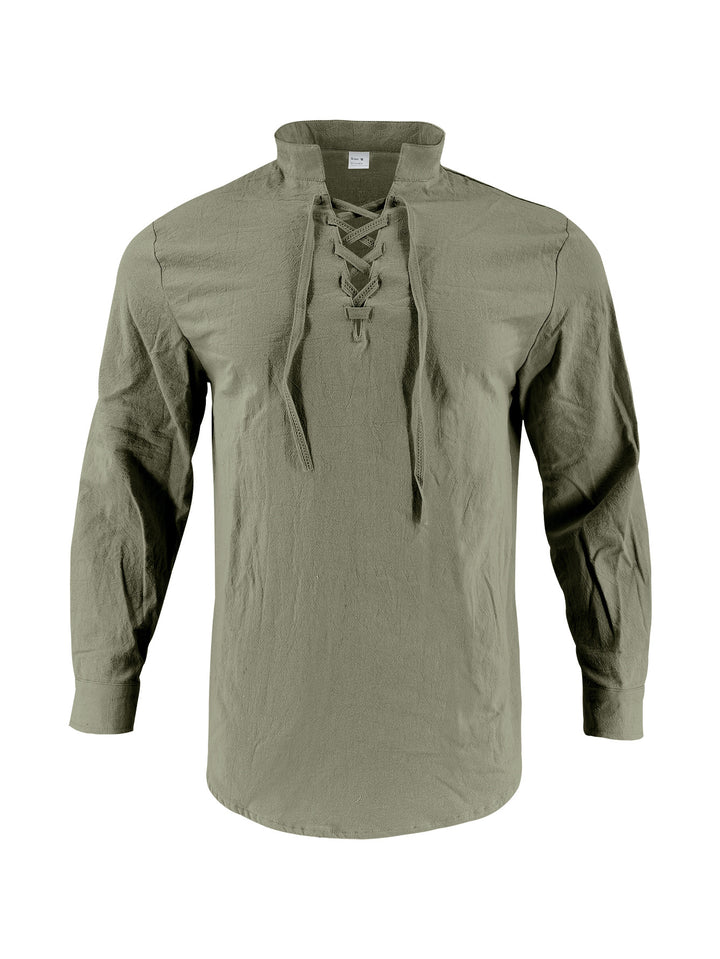 Men's casual long-sleeve shirt with innovative lacing and modern stand-up collar Lisslune