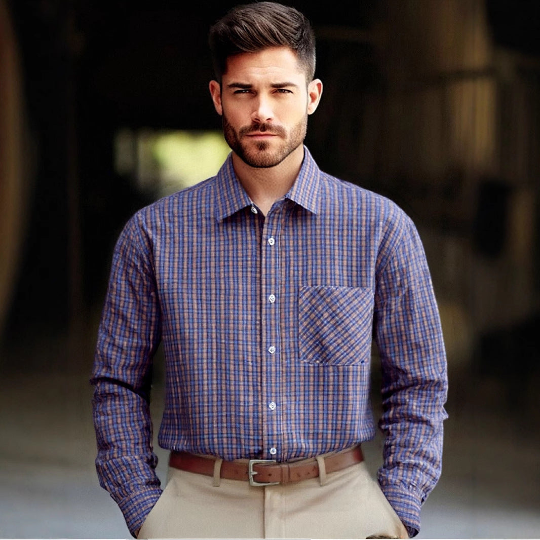 Men's long-sleeved checkered shirt with chest pocket and fashionable cut Lisslune