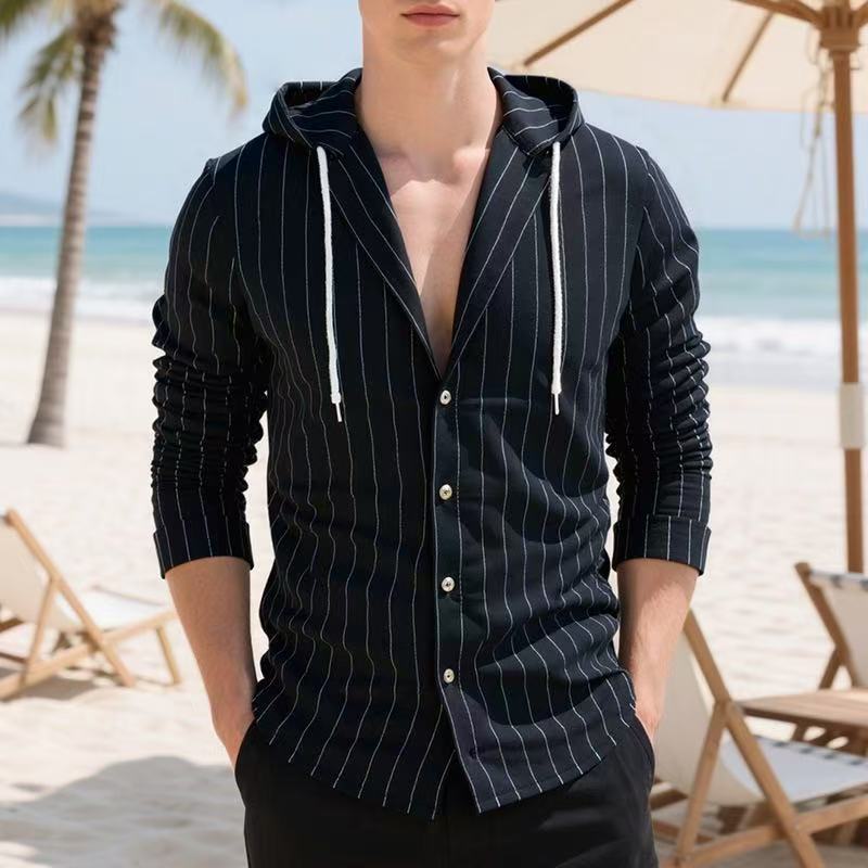 Men's casual knitted shirt with hood and striped pattern Lisslune