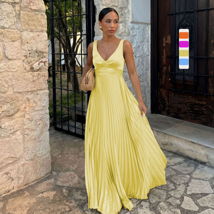 Women's pleated dress with deep V-neckline and elegant silhouette