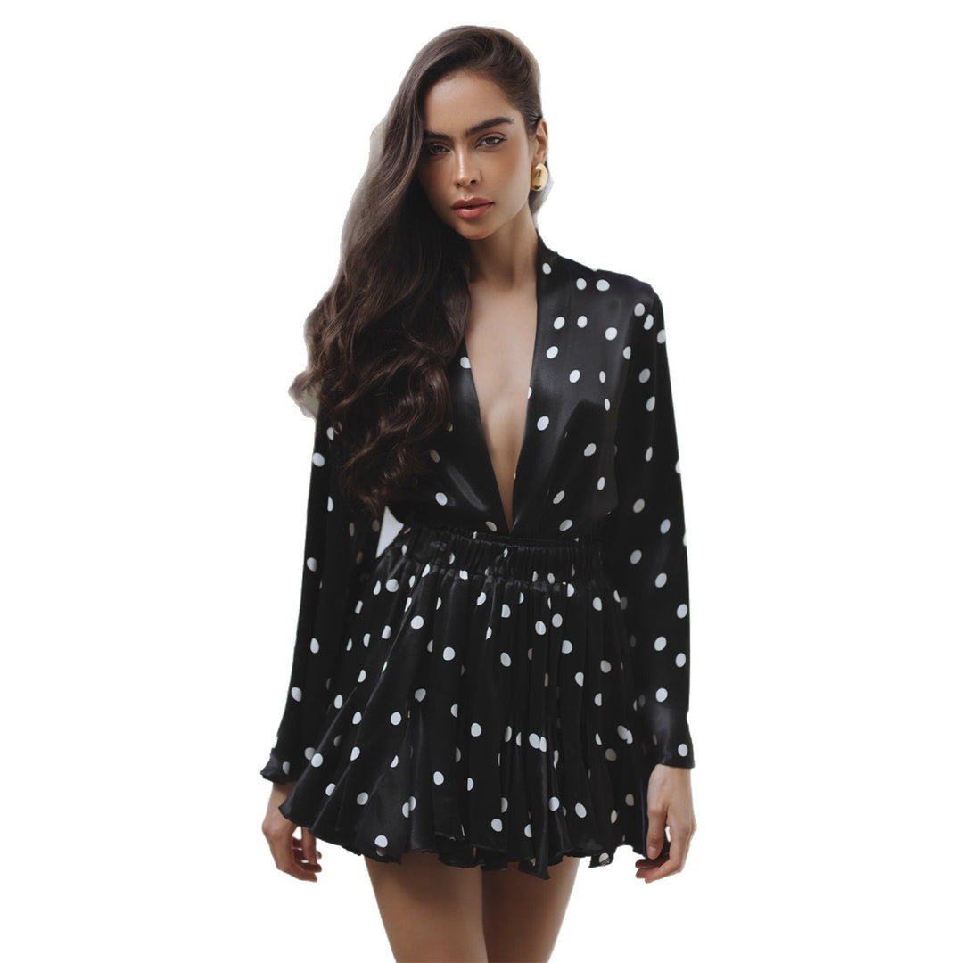 Women's Polka Dots Mini Dress with V-Neck and Wide Sleeve Lisslune