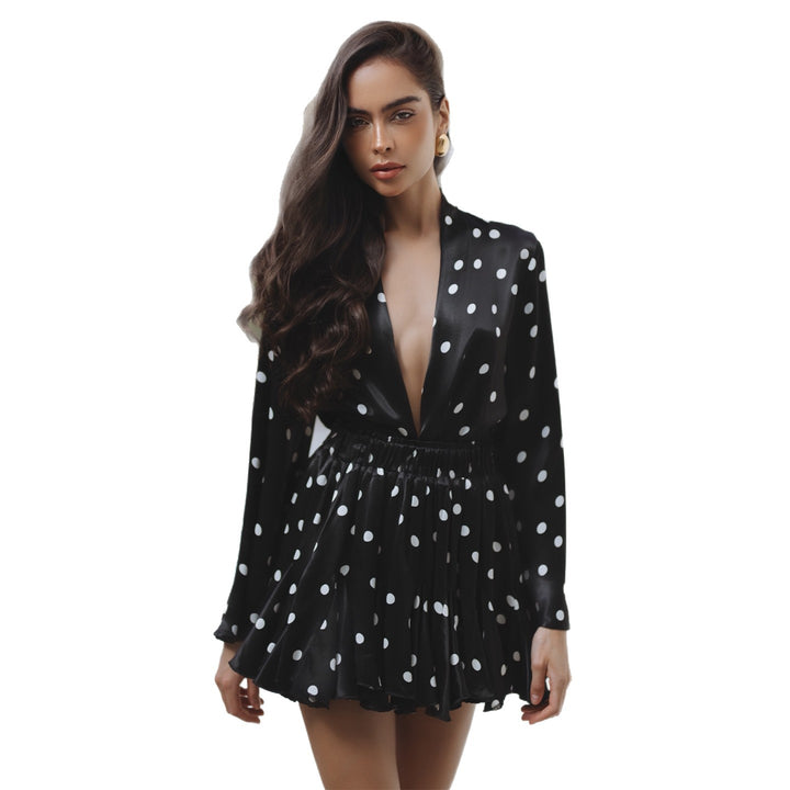Women's Polka Dots Mini Dress with V-Neck and Wide Sleeve Lisslune