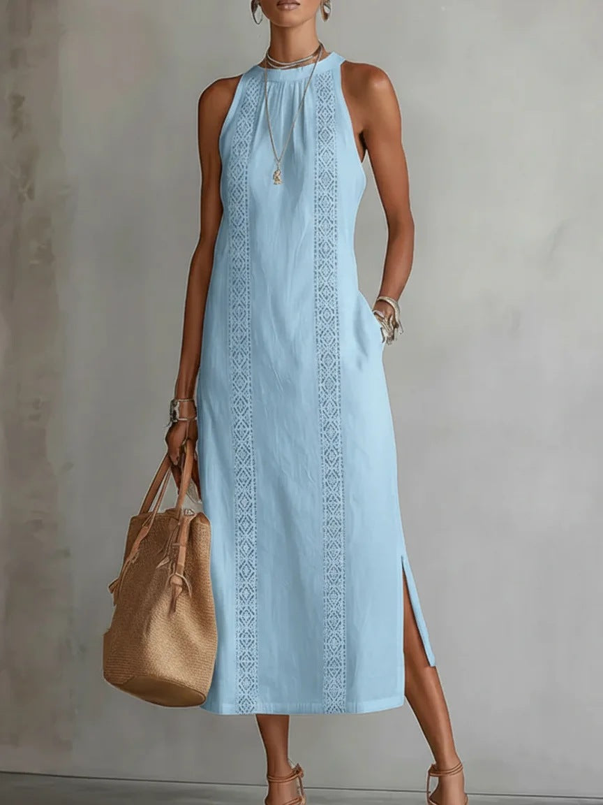 Damen Elegantes Sommer-Maxi-Kleid mit Spitzenapplikation und seitlichem Schlitz Lisslune