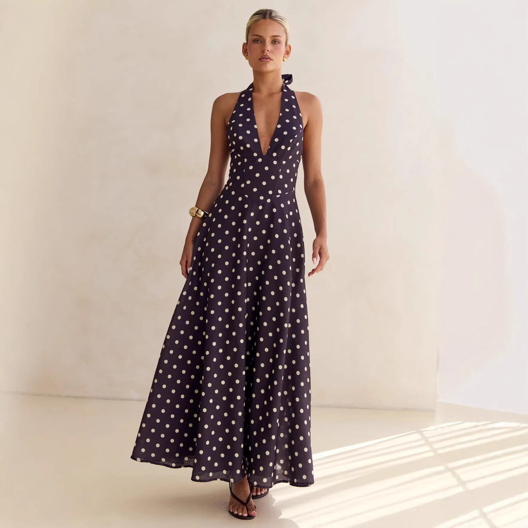 Ladies max dress with deep V-neckline and floral accents Lune London
