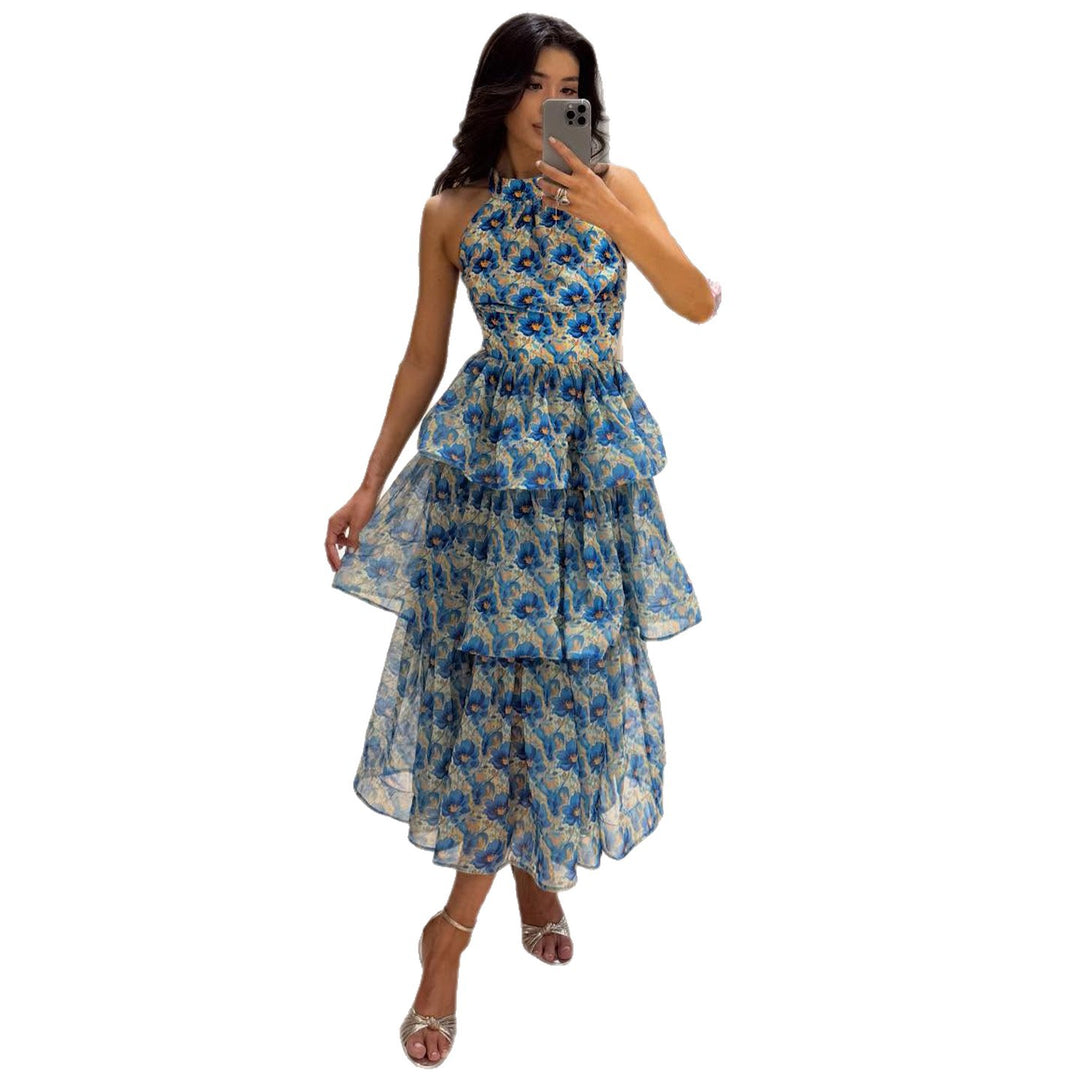 Ladies max dress with transparent layers and floral design Lisslune