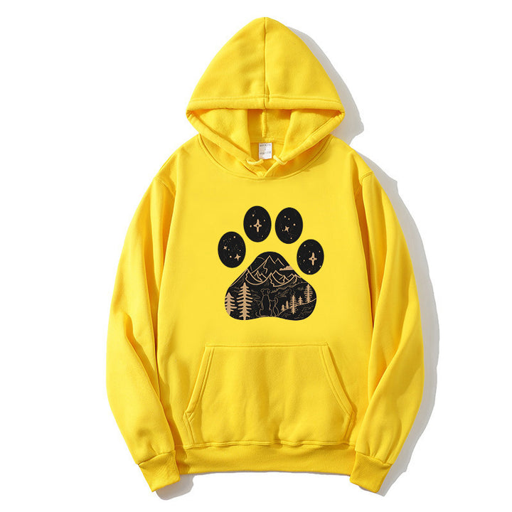 Ladies hoodie with creative paw print design and mountain landscape Lisslune